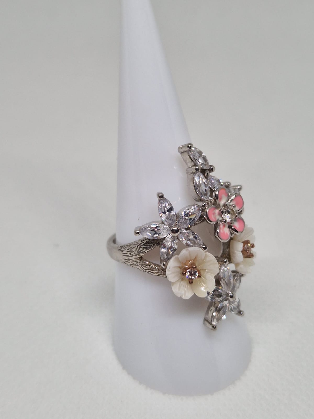 Silver Ring with an Enamel, Cubic Zirconia and Mother-Of-Pearl inlay