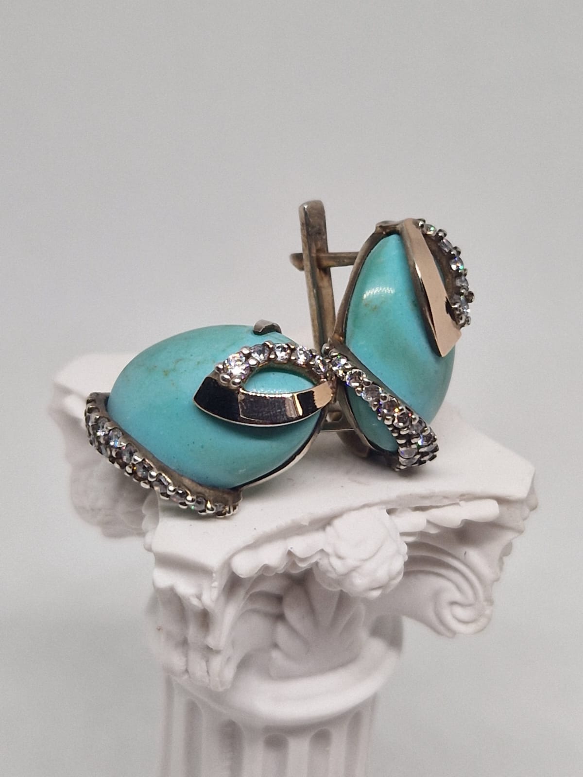 Golden Earrings with Cubic Zirconia, Imitation Turquoise inlay