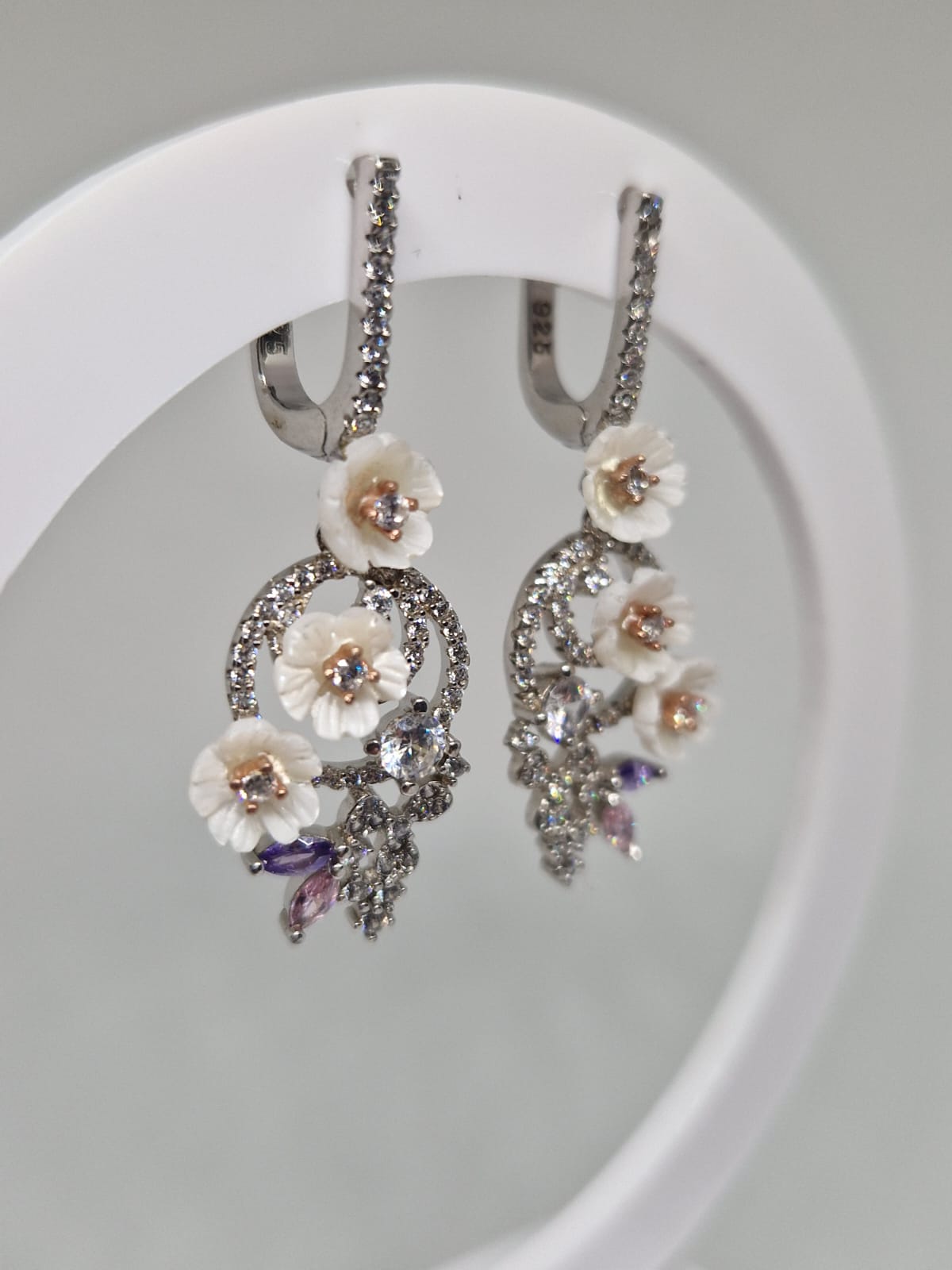 Sterling Silver Earrings with a Cubic Zirconia, Mother-Of-Pearl inlay 01