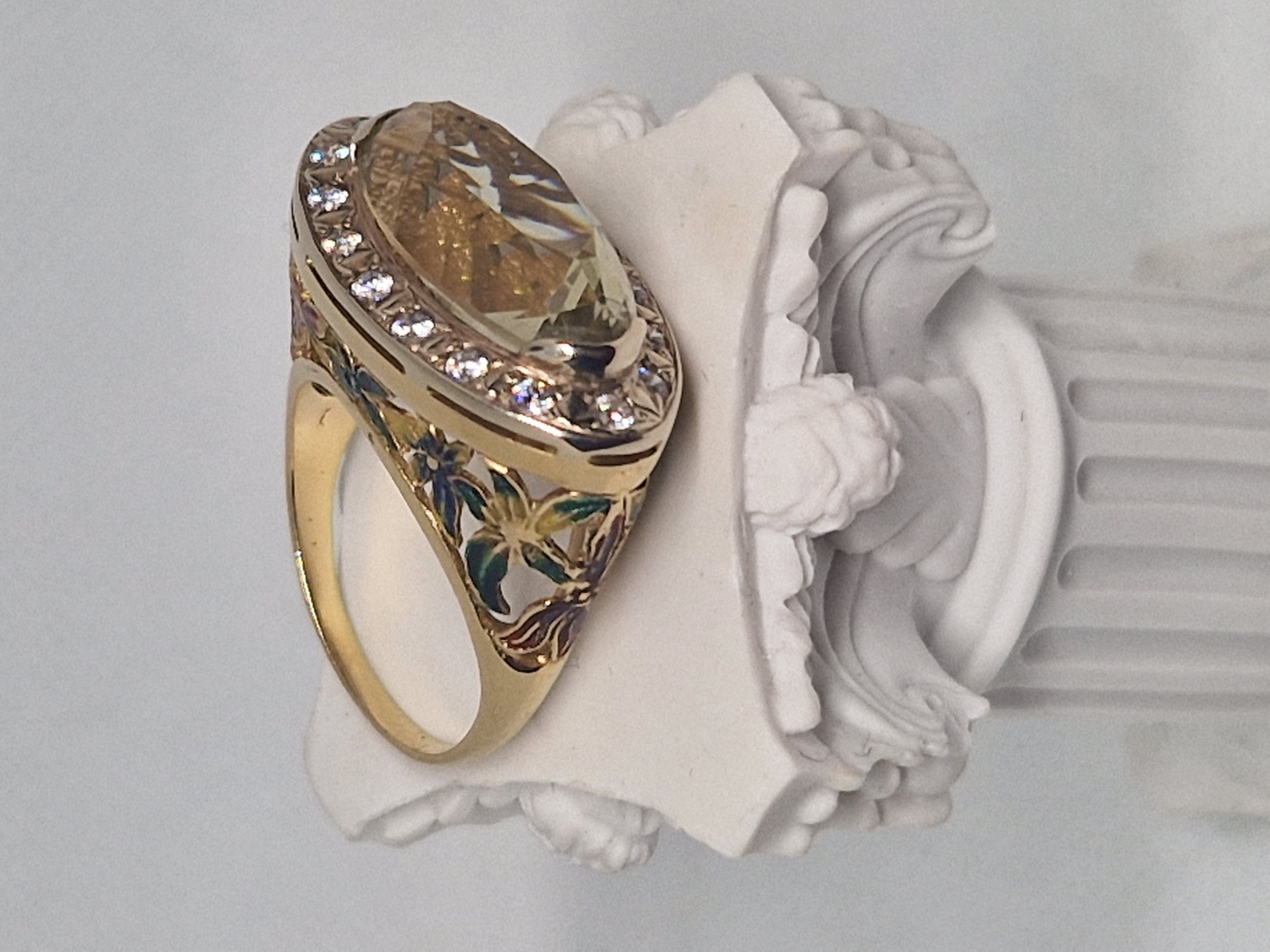 Gold Enamel Floral Gemstone Ring