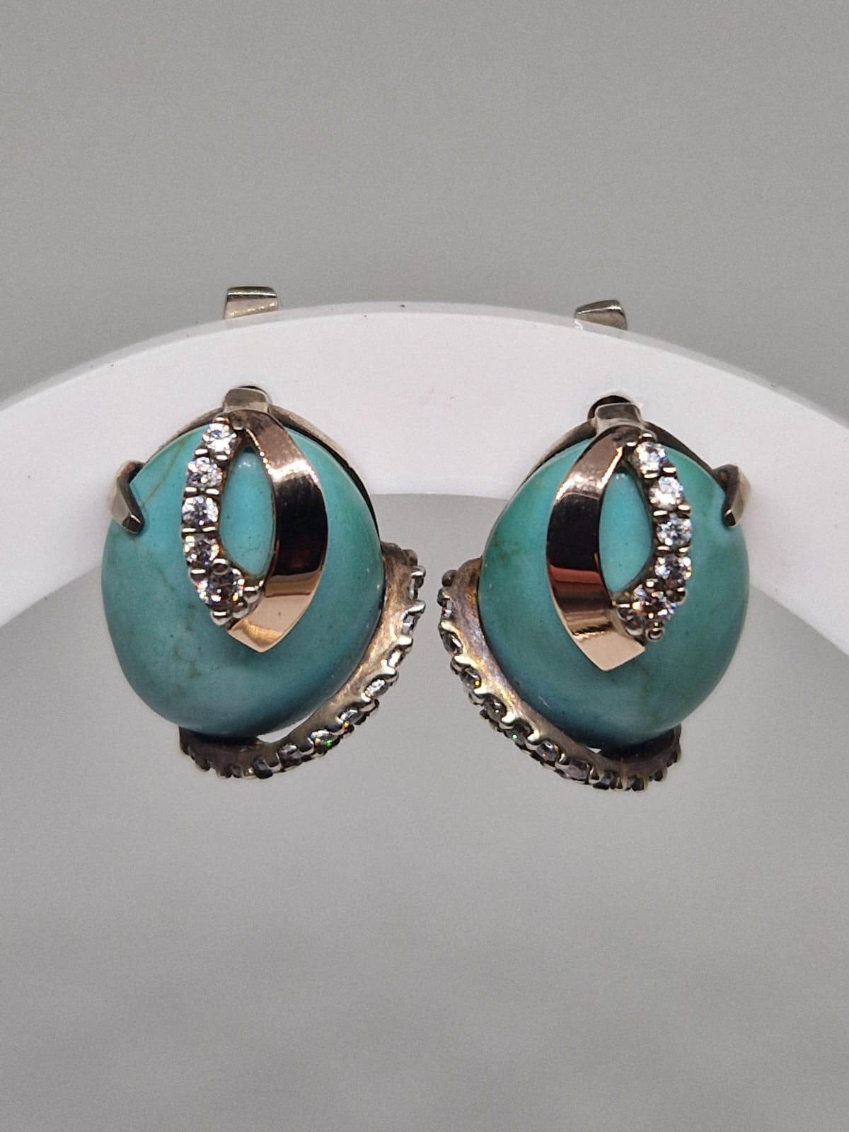 Golden Earrings with Cubic Zirconia, Imitation Turquoise inlay