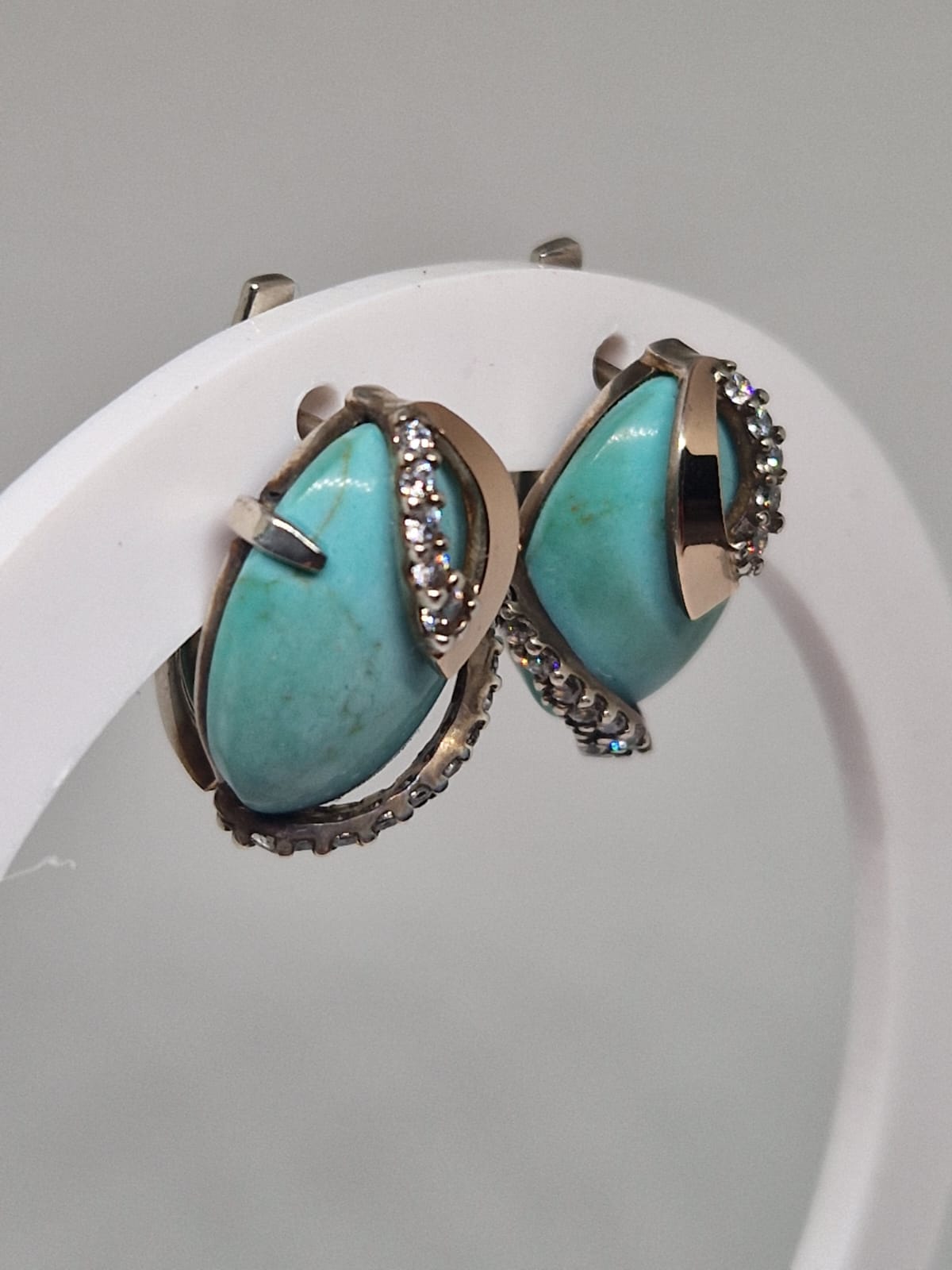 Golden Earrings with Cubic Zirconia, Imitation Turquoise inlay