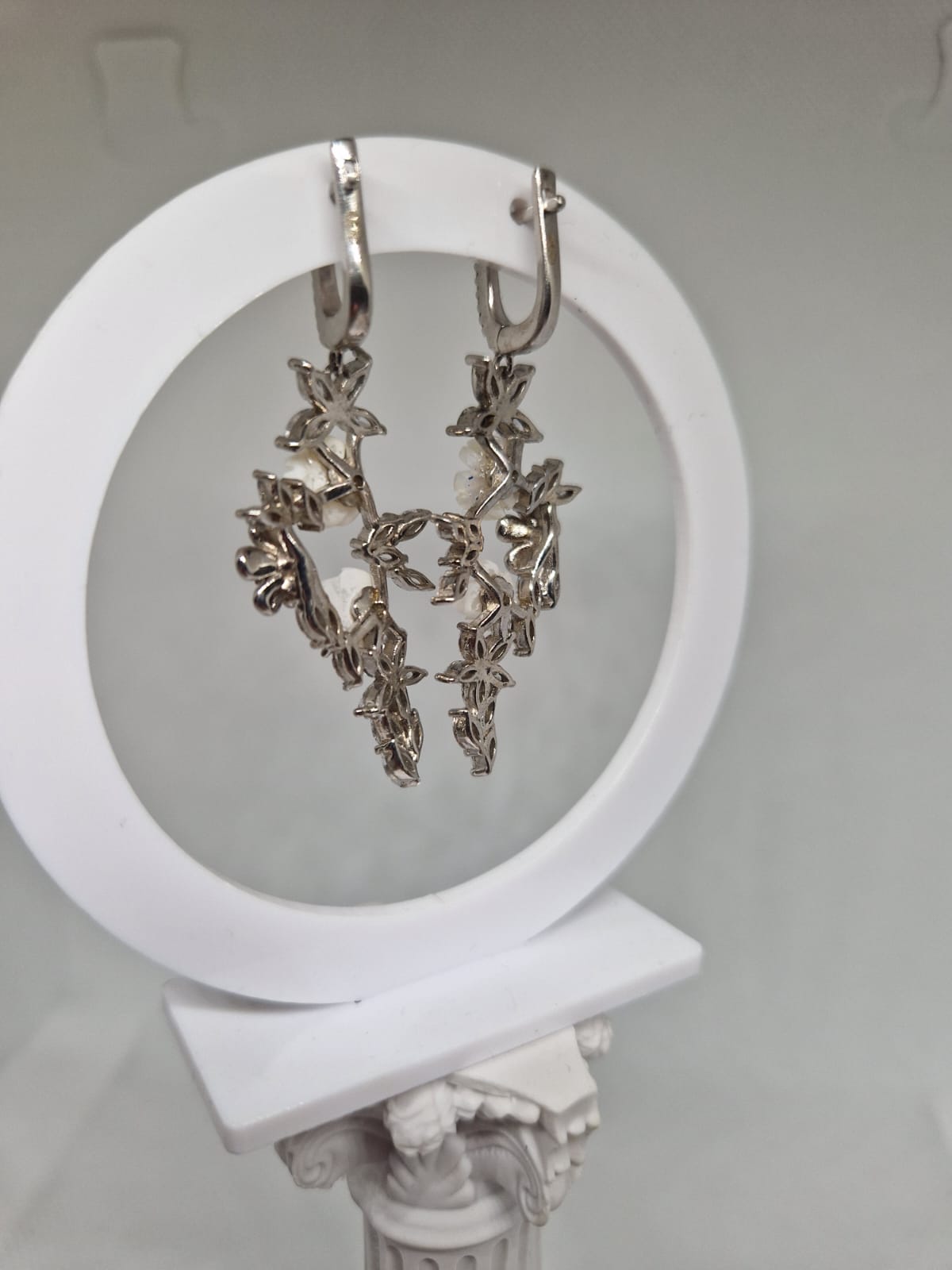 Sterling Silver Earrings with a Cubic Zirconia, Enamel, Mother-of-pearl Inlay