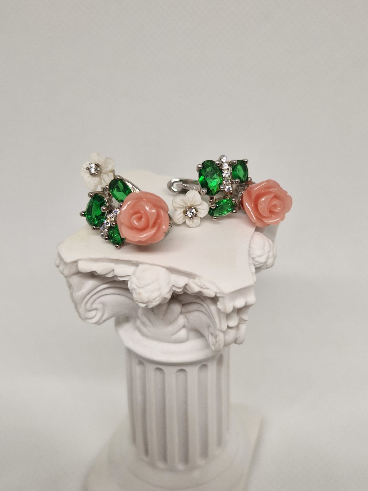 Sterling Silver Earrings with a Cubic Zirconia, Coral and Mother-of-pearl Inlay