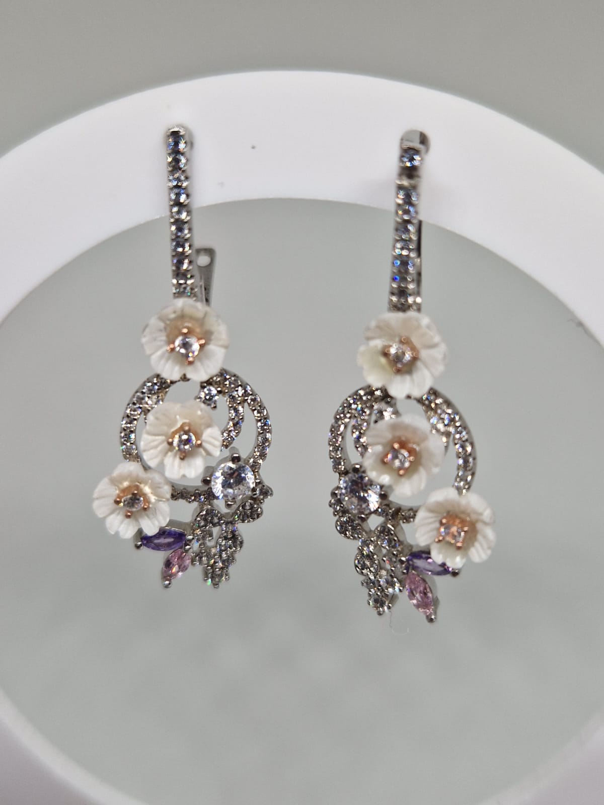 Sterling Silver Earrings with a Cubic Zirconia, Mother-Of-Pearl inlay 01