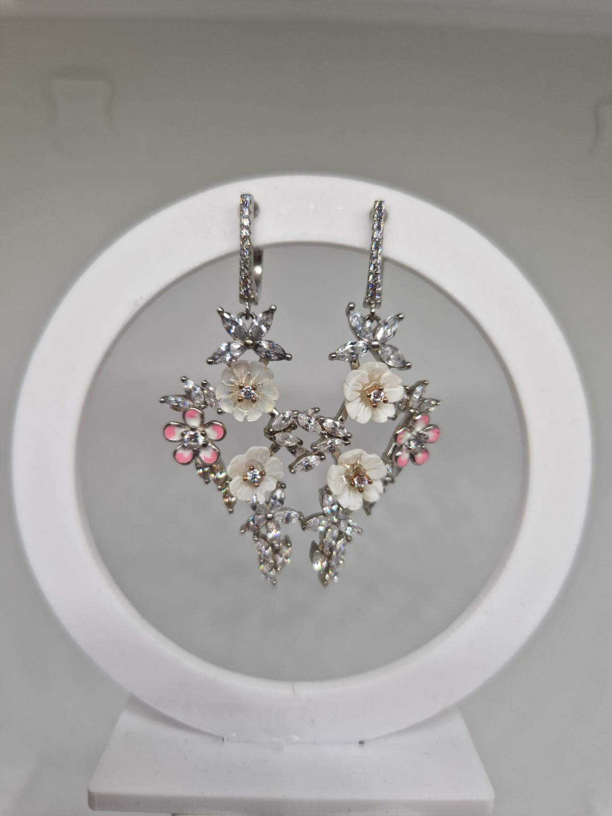 Sterling Silver Earrings with a Cubic Zirconia, Enamel, Mother-of-pearl Inlay