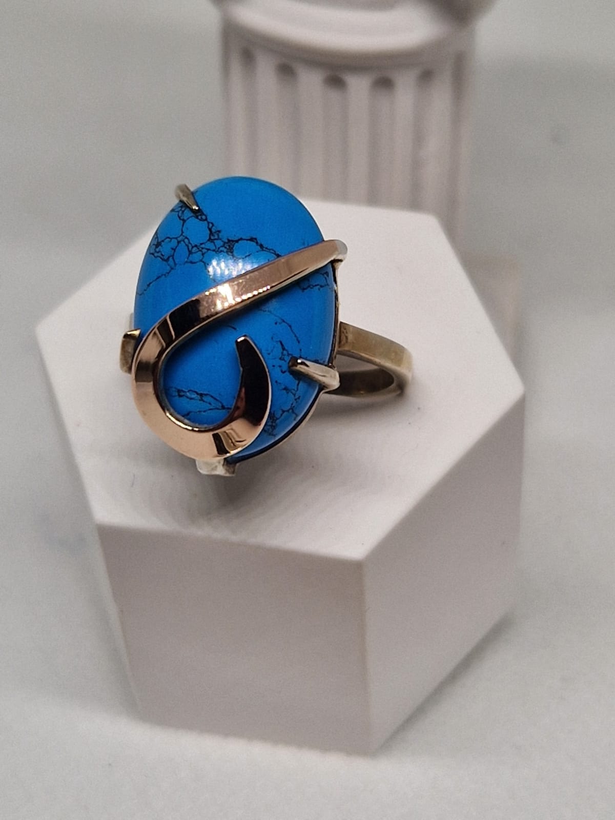 Silver & Golden Ring with an Imitation Turquoise Inlay