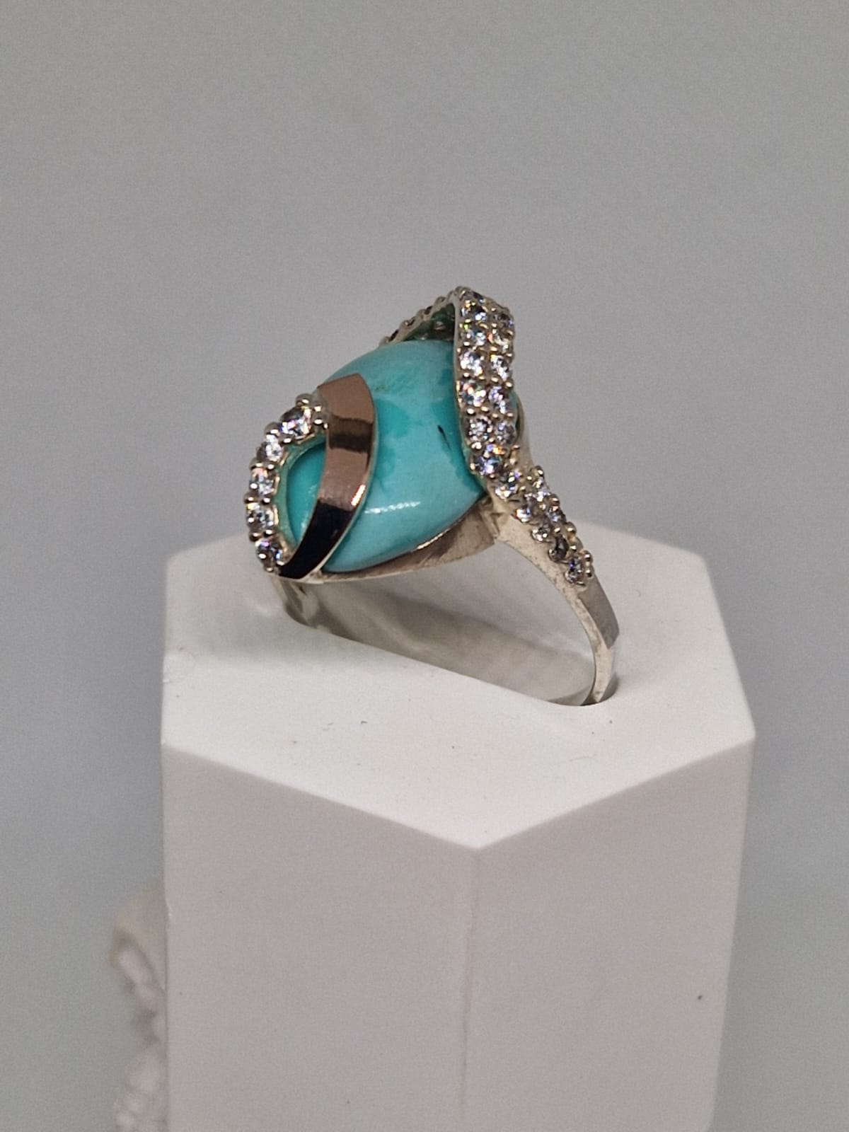 Golden & Silver Ring Cubic Zirconia, Imitation Turquoise Inlay