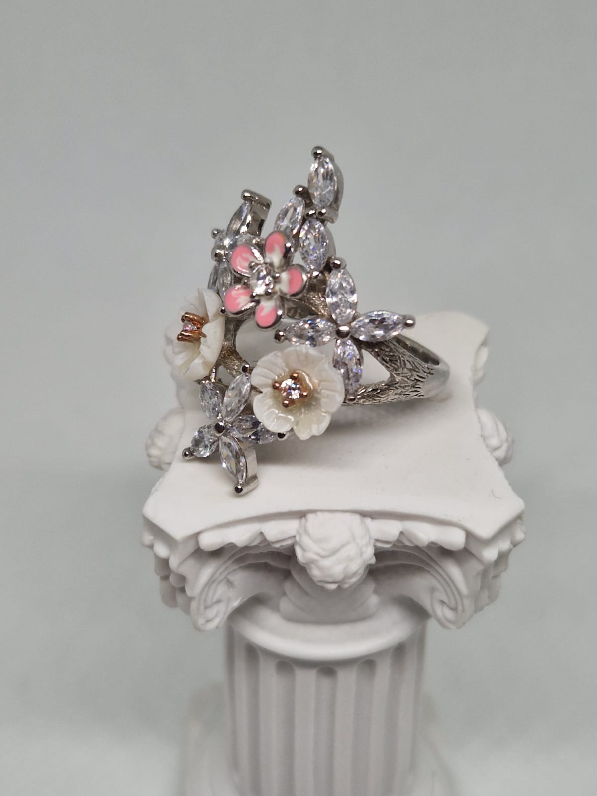 Silver Ring with an Enamel, Cubic Zirconia and Mother-Of-Pearl inlay