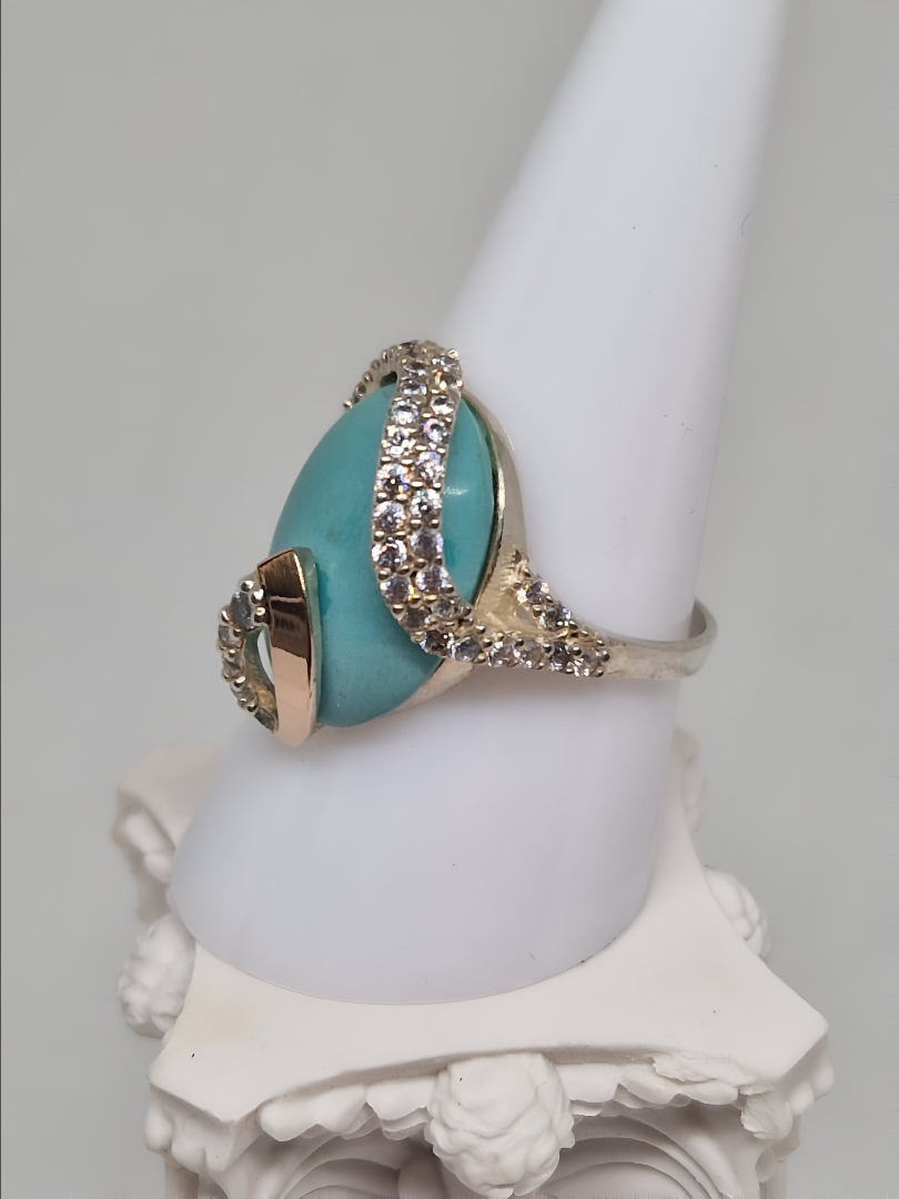 Golden & Silver Ring Cubic Zirconia, Imitation Turquoise Inlay