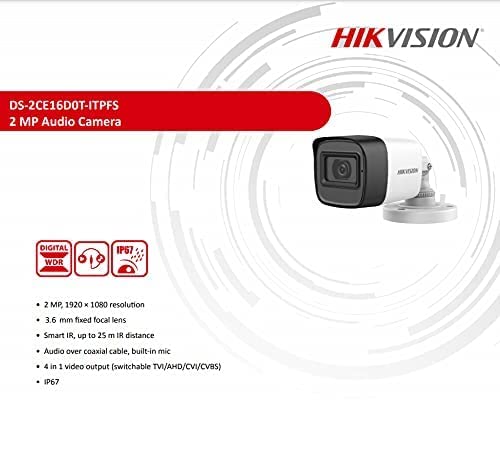 HIKVISION 2MP Outdoor Wired HD1080p with inbuilt Mic for Audio Recording DS-2CE16D0T-ITPFS + USEWELL BNC/DC, White
