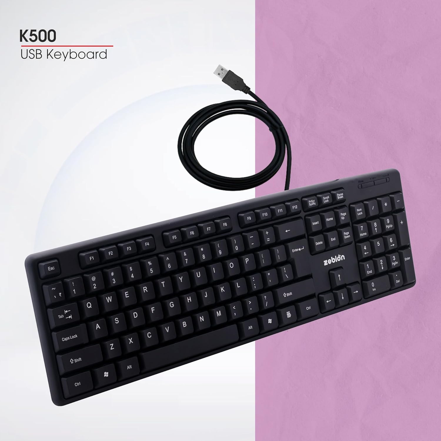 Zebion K500 USB Keyboard, Rugged Heavy-Duty Body, Tested with Over 5 Million Keystrokes,Clicky-Touch Feel, Ergonomic Design Comes with 102 Keys Including Rupee Key (Black)