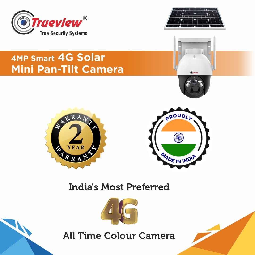 Trueview 4G Sim 4Mp Solar Powered CCTV Security Camera with Solar Panel | Surveillance for Agriculture | Remote Area | Construction Site | Garden (4MP Solar Mini PTZ)