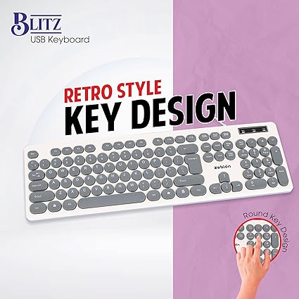 Zebion Blitz USB Keyboard with Retro Style Rounded Key Design, Tested with Over 5 Million Keystrokes, Silent & Comfortable Use, Retractable Stand, Slim Design, Chiclet Keys