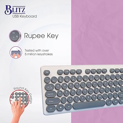 Zebion Blitz USB Keyboard with Retro Style Rounded Key Design, Tested with Over 5 Million Keystrokes, Silent & Comfortable Use, Retractable Stand, Slim Design, Chiclet Keys