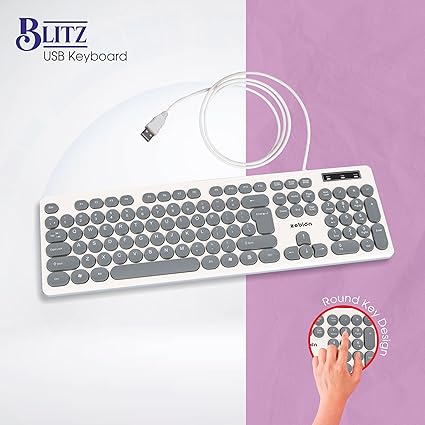 Zebion Blitz USB Keyboard with Retro Style Rounded Key Design, Tested with Over 5 Million Keystrokes, Silent & Comfortable Use, Retractable Stand, Slim Design, Chiclet Keys