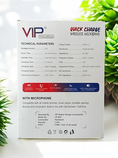 VIP Tiger Series VD-4012 Wireless Neckband Earphones, Type-C Quick Charge, 100 Hours Standby, Bluetooth 5.0, Noise Reduction