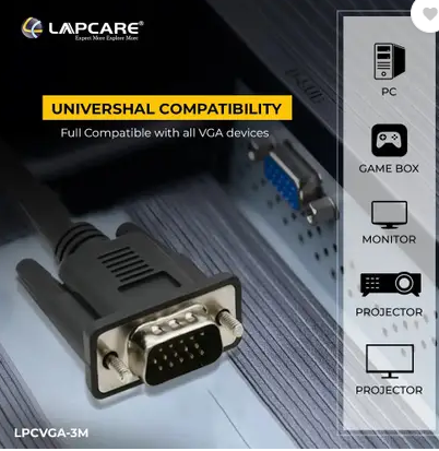 LAPCARE VGA Cable 3 m 3 Meter Premium VGA Cable  (Compatible with Laptop, Computer, HDTV, Projector, Player, Monitor, Black, One Cable) Price: Not Available
