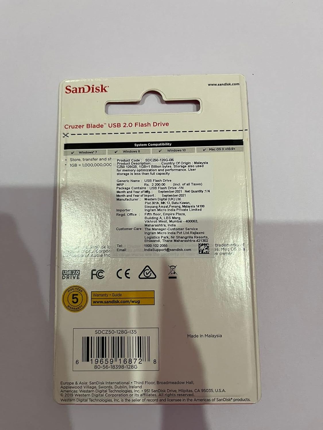 SanDisk USB Flash Drive /SanDisk Cruzer Blade 128GB, USB 2.0, Flash Drive, Pendrive, Red, 5Y Warranty (SDCZ50-128G-I35)