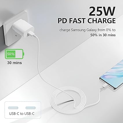 Samsung 25W Type-C Original Charger Adapter for Galaxy F06/A16/A06/M05/F15/M15/A35/A15/F55s/S23 FE/S25/S25 Plus/M35/ S24 Ultra/S23 fe/Z fold/flip/6/5/4, 25watt USB C Super Fast Charging Adaptor, White