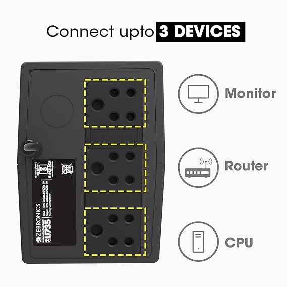 ZEBRONICS U735 600VA/360W Microcontroller Based UPS for Office Computers | Home PC with Auto Restart, Generator Compatible, Boost & Buck AVR, Built-in Protection, (Not for