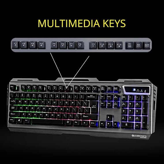 Zebronics Transformer Gaming Keyboard and Mouse Combo,Braided Cable,Durable Al body,Multimedia keys and Gaming Mouse with 6 Buttons, Multi-Color LED Lights, High-Resolution Sensor with 3200 DPI(Black)