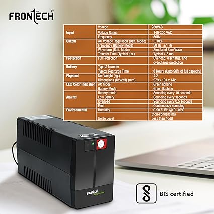 FRONTECH UPS Electra Plus 600VA/360W, Uninterrupted Power Supply System, Maintenance Free Battery, LED Indicator, Power Backup & Protection for Home/Office PC, Desktop and Other Electronics, (2564)