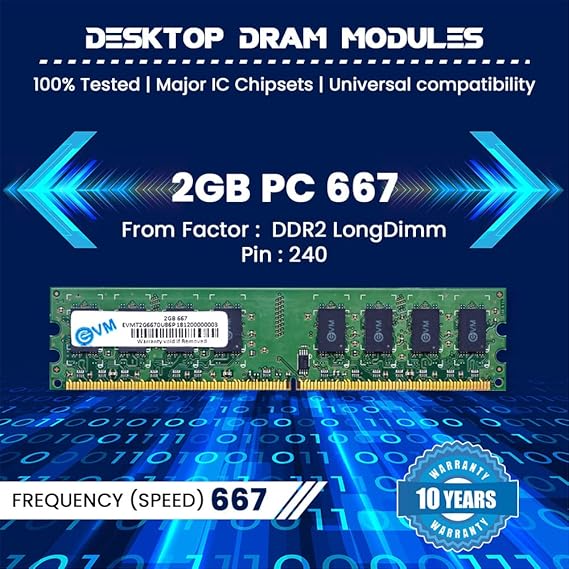 EVM 2GB DDR2 Desktop RAM 667MHz Long-DIMM Memory - Boost Your Computer's Performance with Reliable and Efficient Memory Upgrade - 10 Year Warranty