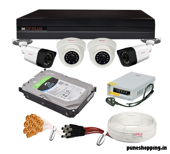CP Plus CCTV Surveillance System /CP PLUS Wired 1080P HD Camera Combo Set with 4Ch DVR, 2 Dome 2 Bullet Cameras, 1TB HDD, Power Supply, 90 Mtr Cable, Audio Mic and Connectors