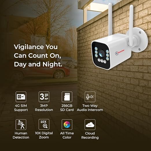 Trueview Security Camera /Trueview 3mp 1296p HD All Time Color 4G Sim Based Bullet CCTV Security Camera for Home, Shop, Office, Farm, and Construction Site | IP66 Waterproof Rating | with 9 IR LED