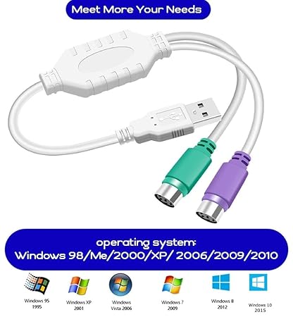 USB to PS2 Adapter /USB to PS2 Converter/Adapter, USB Type A Male to Dual PS/2 Female for Keyboard Mouse (PS2 to USB Cable). White.