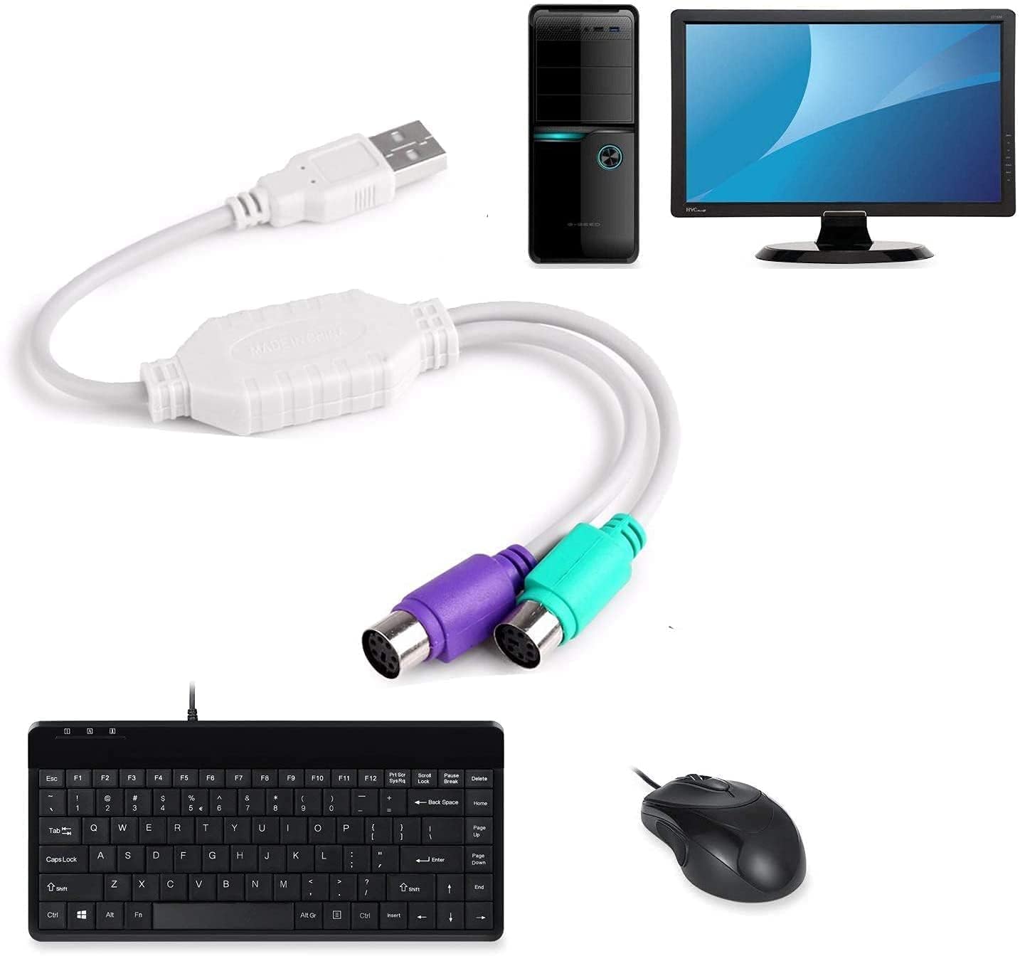 USB to PS2 Adapter /USB to PS2 Converter/Adapter, USB Type A Male to Dual PS/2 Female for Keyboard Mouse (PS2 to USB Cable). White.