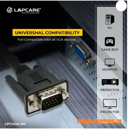 LAPCARE VGA Cable 3 m LPCARE VGA CABLE  (Compatible with TV, LAPTOP, DESKTOP, projector, Black, One Cable)
