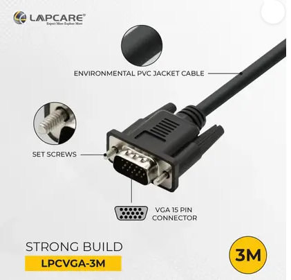 LAPCARE VGA Cable 3 m LPCARE VGA CABLE  (Compatible with TV, LAPTOP, DESKTOP, projector, Black, One Cable)