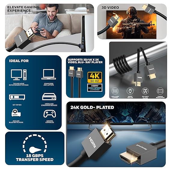 HDMI Cable v2.0 with Ethernet, 3D/4K@60Hz Ultra HD Resolution, 2 Mtr, 18 GBPS Transmission Speed, High-Speed, Compatible with all HDMI Devices Laptop Desktop TV Set-top Box Gaming Console