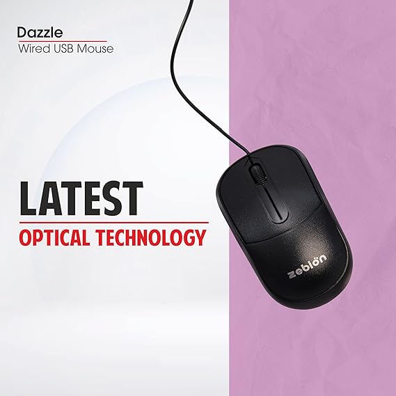Zebion Dazzle USB Mouse with Latest Optical Technology, 800 DPI Resolution, Ergonomic Design, Smooth Low-Friction Movements and Comfy Palm Fit