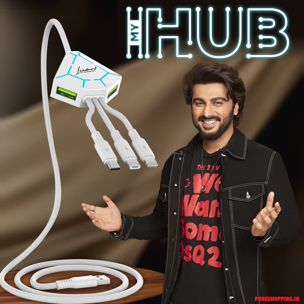 LANDMARK CDC 100 MY HUB Unbreakable 3 in 1 Charging Cable with 4A Speed, 2 USB Ports, Fast Charging Multi Purpose Cable for Android Smartphone, Ios And Type C Usb Devices (1.2Meter) (White)