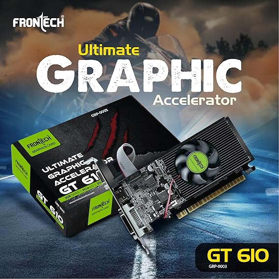 GT 610 Ultimate Graphic Accelerator FRONTECH GT 610 Graphics Card with 2 GB DDR3 64 Bits PCIe 2.0, High Efficiency, Quality Gaming Graphics Card, Single Cooling Fan, 3 Years Warranty (GRP-0003, Black)