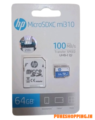 HP 64GB MicroSD Memory Card SDXC mx310 Class 10, UHS-I, U1 Card, Upto 100MB/s R, 10 Y Warranty WITH ONE ADAPTER 