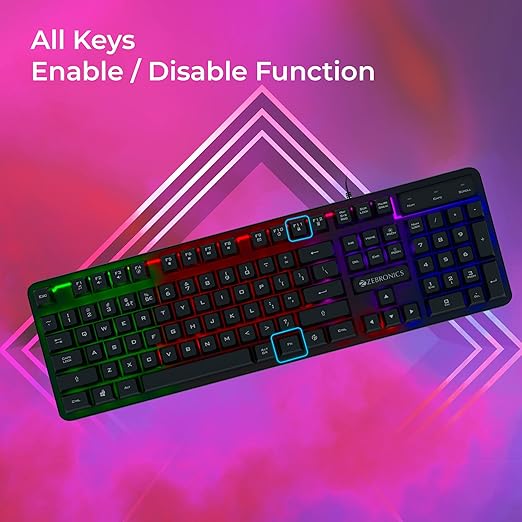 ZEBRONICS Transformer K1 Premium Gaming Keyboard with 104 Keys, 1.5m Cable, Laser Keycaps, Multi Color LED Modes, Integrated Multimedia Keys, All Keys Enable/Disable Function