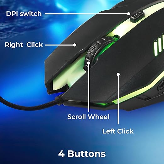 ZEBRONICS Uzi High Precision Wired Gaming Mouse with 4 Buttons, Rainbow LED Lights, DPI Switch with 800/1200/1600/2400 DPI, Plug & Play,  Lightweight Mouse (1.5M)