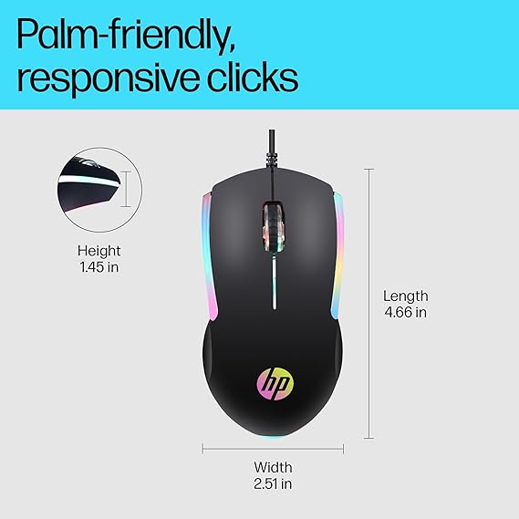 HP M160 USB Wired Gaming Optical Mouse with LED Backlight, 1000 DPI, 3 Buttons and Press Life Up to  1 Year Warranty (843W8AA, Black)