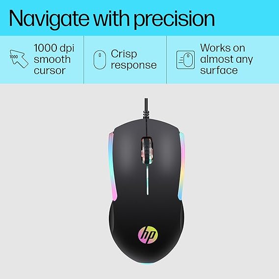 HP M160 USB Wired Gaming Optical Mouse with LED Backlight, 1000 DPI, 3 Buttons and Press Life Up to  1 Year Warranty (843W8AA, Black)