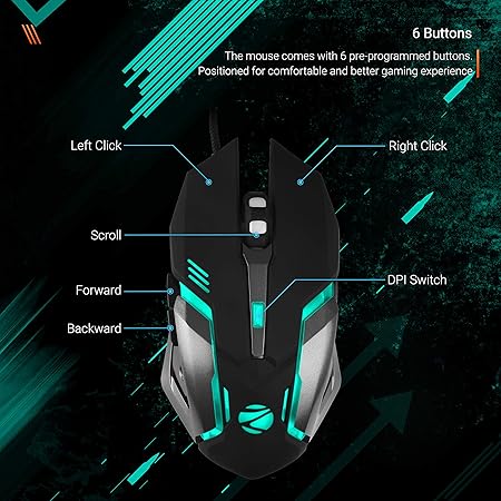 ZEBRONICS-Transformer-M with a High-Performance Gold-Plated USB Mouse: 6 Buttons, Multi-Color LED Lights,High-Resolution Sensor with max 3600 DPI, and DPI Switch(Black)