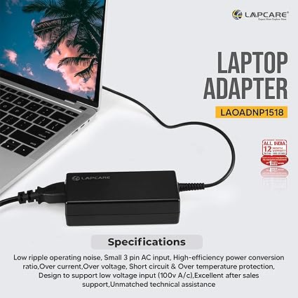 Lapcare 19V 65W 3.42A Compatible Laptop Adapter Charger for Acer Aspire One Extensa and Travel Mate Series Models - Black