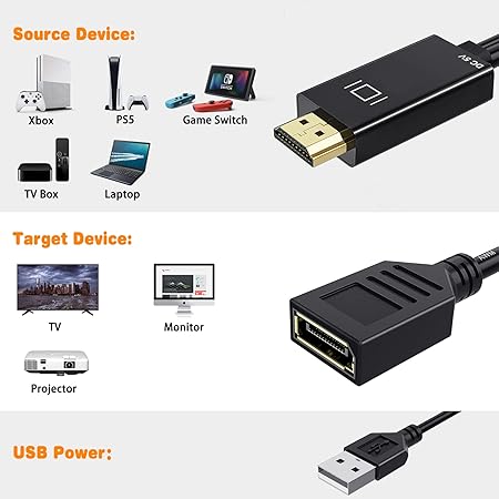 HDMI to DisplayPort Adapter, 4K 60Hz HDMI to DP Converter Cable, Active HDMI Male Input to DP Female Output Video Converter with USB Power Compatible for PS4, Laptop, Xbox One, 360