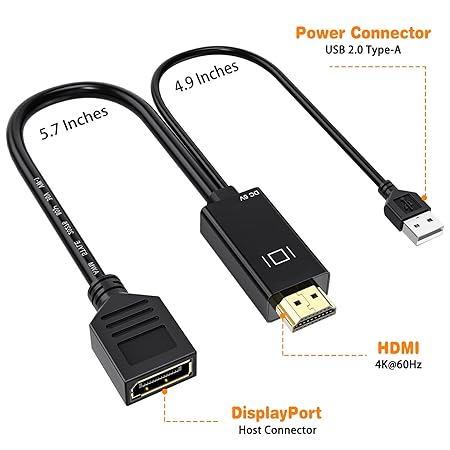HDMI to DisplayPort Adapter, 4K 60Hz HDMI to DP Converter Cable, Active HDMI Male Input to DP Female Output Video Converter with USB Power Compatible for PS4, Laptop, Xbox One, 360