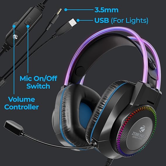  Gaming  HEADPHONE Zebronics Jet PRO Premium Wired Gaming On Ear Headphone with LED for Headband + earcups, 40mm Neodymium Drivers, 2 Meter Braided Cable, with mic, Suspension Design, 3.5mm + USB Connector