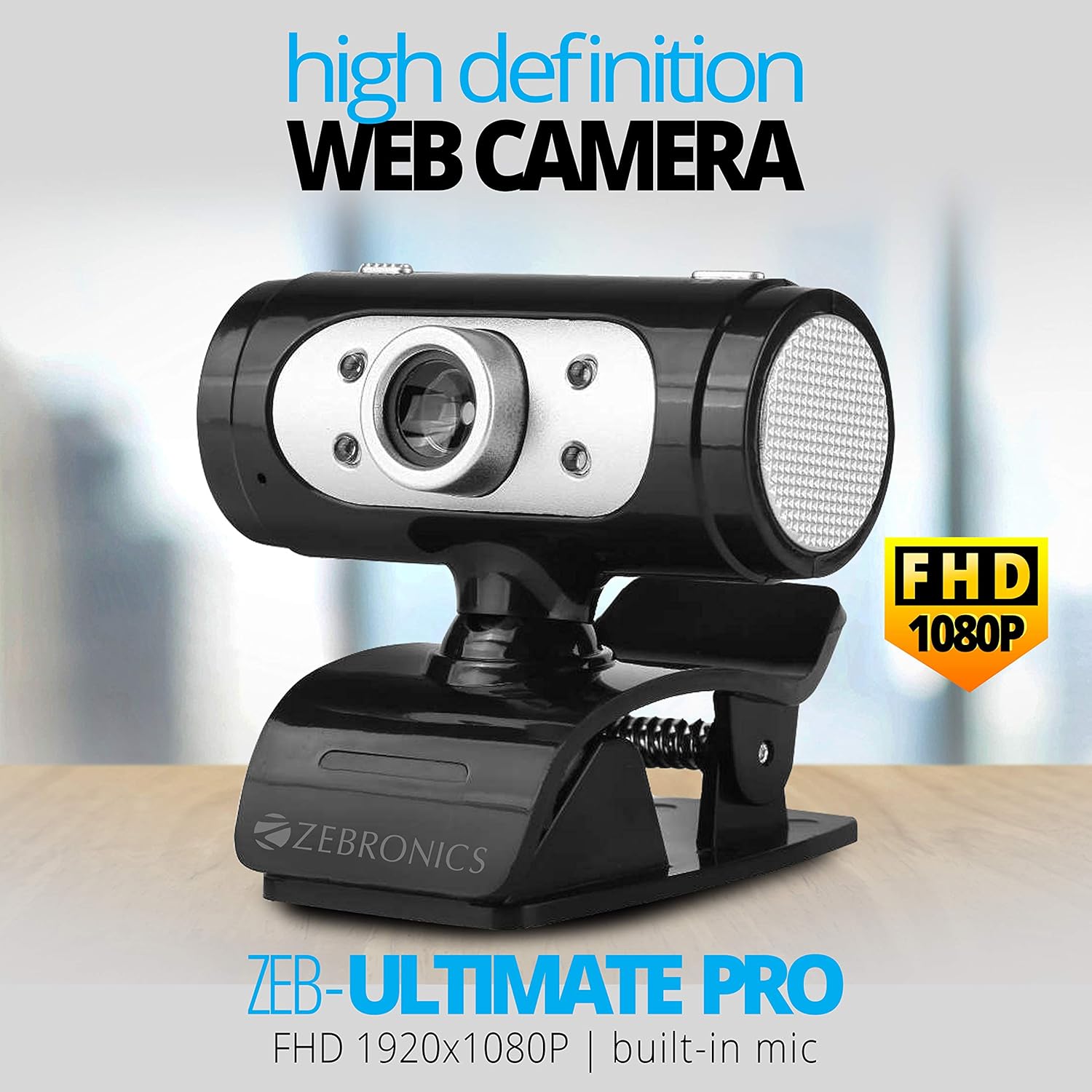 Zebronics Zeb-Ultimate Pro (Full HD) 1080p/30fps Webcam with 5P Lens, Built-in Mic, Auto White Balance, Night Vision