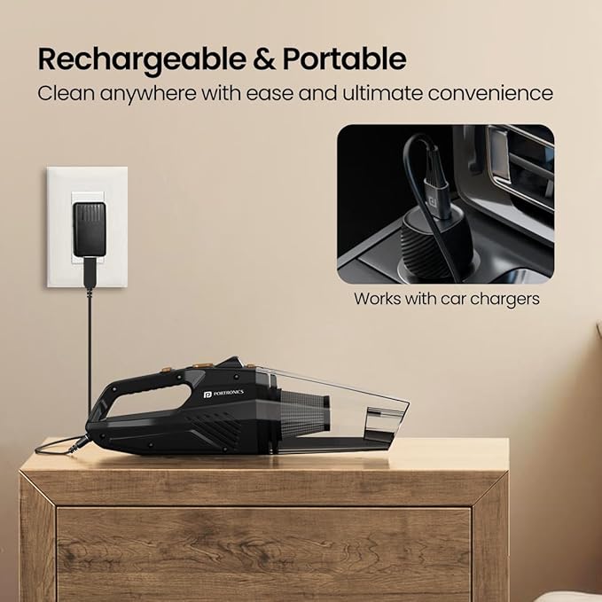 Portronics Mopcop Rechargeable Handheld Vacuum Cleaner for Home & Car, Washable HEPA Filter, Multi-Function Nozzles, Deep Cleaning, Cordless, Dry Vacuum